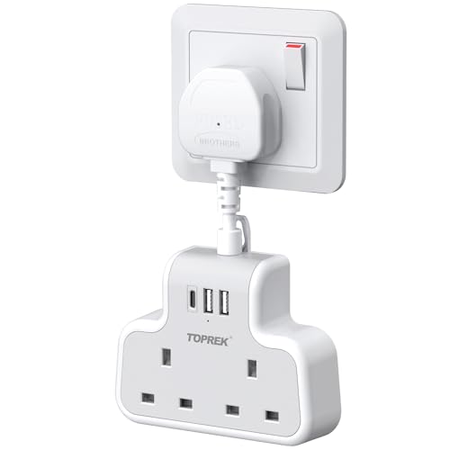 TOPREK Multi Plug Extension Socket with USB C, 5cm Short Extension Lead, Double Plug Sockets Compact Wall-Mounted Plug UK for Home, Office, Kitchen