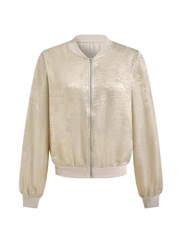 Women's Metallic Zip Up Bomber Jacket Long Sleeve Party Lightweight Coat Outerwear