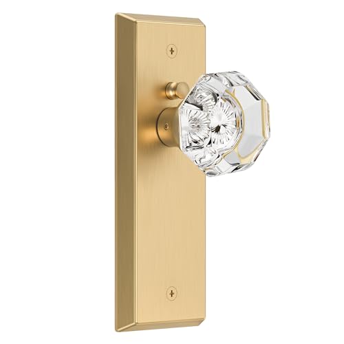 Image of Glass Door Knobs for Interior Doors - Vintage Crystal Privacy Bedroom & Bathroom Door Knob with Lock - Diamond Cut Door Handle - Satin Brass Finish (1 Pack)