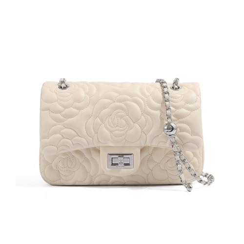 Women’s Elegant Camellia Patterned Leather Tote Handbag, Vintage PU Floral Chain Shoulder Bag, Large Fashion Satchel Purse