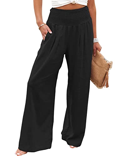 Vansha Women Summer High Waisted Cotton Linen Palazzo Pants Wide Leg Long Lounge Pant Trousers with Pocket