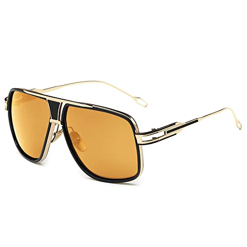 Image of Aviator Sunglasses for Men Retro Fashion Gold Oversized 70s shades | Disco Party Casual Lentes De Sol Hombre Large Big Designer 70s Outfits Sun Glasses Cool Metal Vintage Stylish Tinted Eyewear