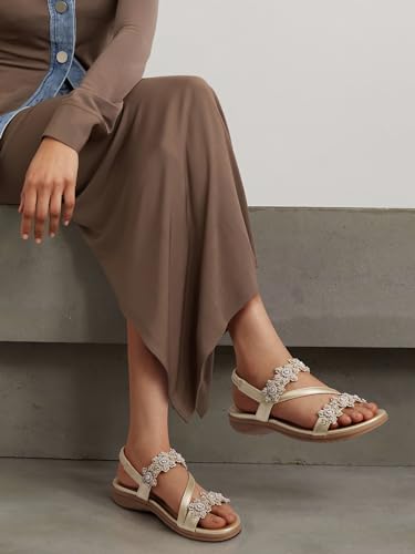 Image of TEMOFON Sandals for Women Flat Dressy Summer Flower Sandals with Ankle Strap Comfortable Casual Walking Flat Sandals Size 5-11