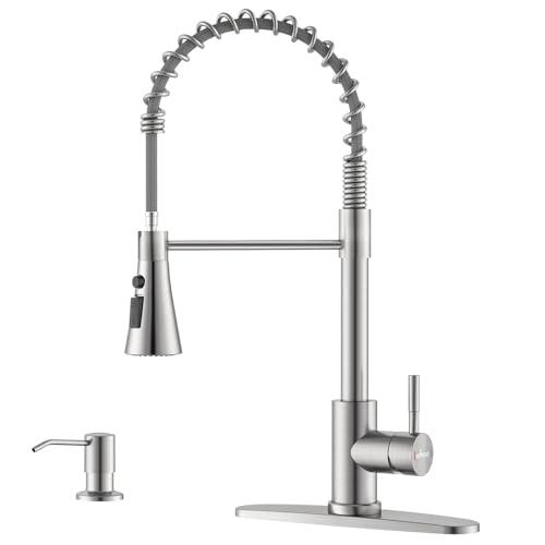 Appaso - Grifo de cocina comercial con pulverizador de acero inoxidable y níquel cepillado, alto de arco, moderno, de un solo mango, grifo de fregadero de cocina con dispensador de jabón