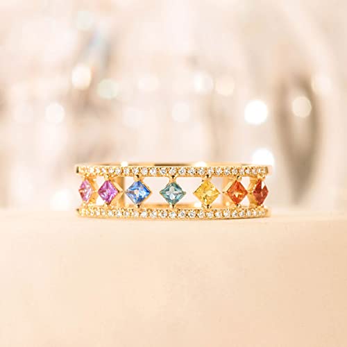 14K Gold Plated Multicolor Rainbow Colorful Chakra Square Cubic Zirconia Finger Ring for Women Girl Anniversary Birthday Jewelry Gift2