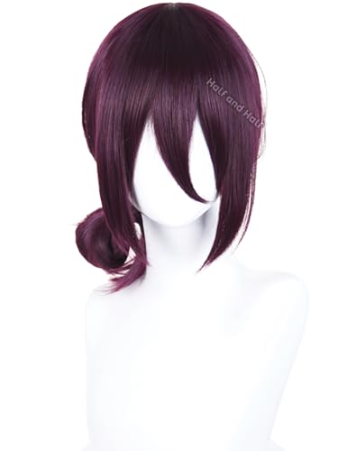 Image of Reze Cosplay Wig Short Dark Purple Anime Cosplay Wigs with Bangs & Bun | Deep Grape Purple Female Wig Synthetic Hair for Halloween Party Women Costumes