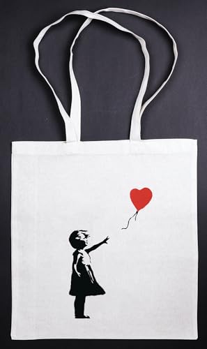 Umhängetasche Banksy Girl with Balloon: Stofftasche, Jutebeutel mit Streetart-Motiv. Aus 100% Baumwolle mit Langen Trägern