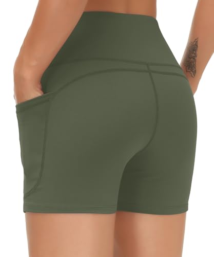 Image of THE GYM PEOPLE High Waist Yoga Shorts for Women's Tummy Control Fitness Athletic Workout Running Shorts with Deep Pockets