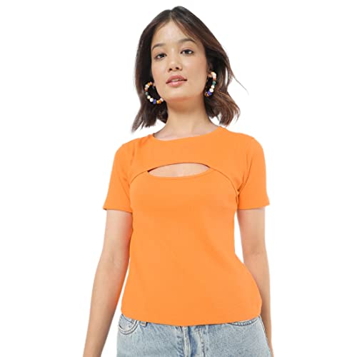 Image of Bewakoof Women's Solid 100% Cotton T-Shirt - Slim Fit, Round Neck, Half Sleeves