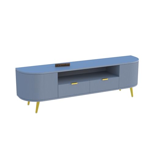 Image of 60L x 16W x 22H Inches Solid Wood TV Unit for Living Room | Modern TV Stand for 55-65 Inch TV | Free Standing Entertainment Cabinet with 2 Drawers (Navy Blue)