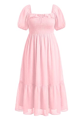 Image of Plus Size Summer Dresses - Swiss Dot Smocked Square Neck Puff Sleeve Boho Maternity Maxi Dress for Baby Shower Wedding Guest