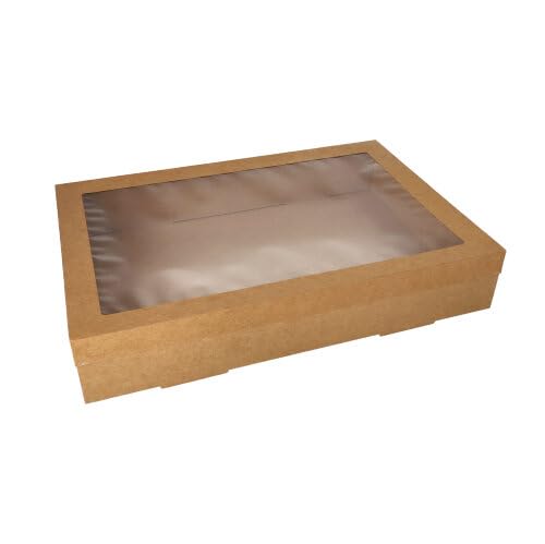 50 Transport- und Catering-Kartons, Pappe eckig 8 cm x 31 cm x 45 cm braun mit separatem Deckel und Sichtfenster aus PET