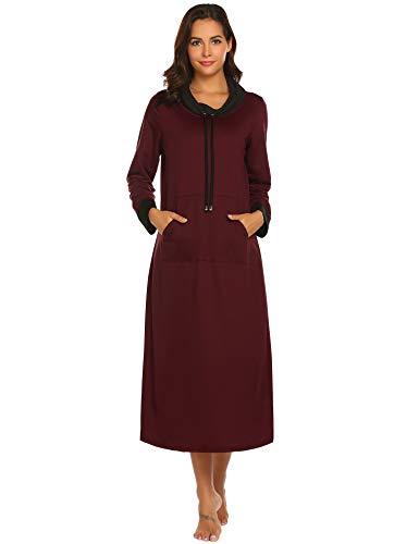 Ekouaer Long Nightgown Women Long Sleeve Loungewear Oversized Nightshirt Full Length Warm Maxi Nightdress Wine Red