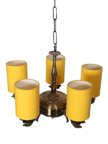 Image of Devansh 05 Lights Yellow Round Cotton Shade with Antique Golden Chandelier