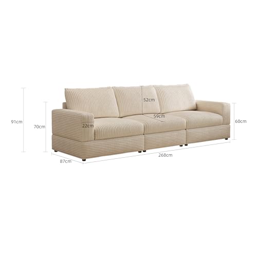 OLEYLUCKIDEA 268cm Modular Sofa Couch, Bequeme 3-Sitzer-Sofa mit Tiefer Sitzfläche & Weicher Polsterung，Cord Couch für Wohnzimmer, Beige