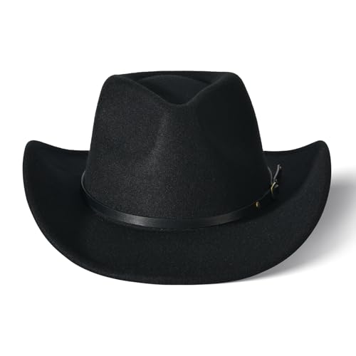 Image of Willheoy Classic Western Cowboy Hat Cowgirl Hat Unisex Men's & Women's Wide Brim Felt Fedora Hat Flat Top Hat with Buckle Belt, 7 1 /4-7 1 /2, Black 2#