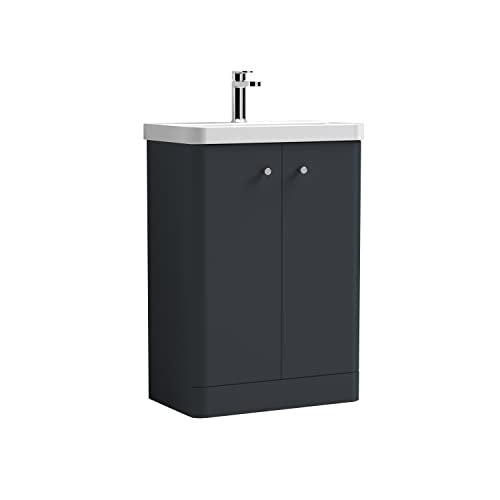 Image of Balterley Vanity Unit with Basin Floor Standing, Soft Close 2 Door with Handles & Thin Edge Sink, Bathroom Vanity Units with Basin, Bathroom Sink Storage Cabinet - 605 x 355 x 863mm (Dark Grey)