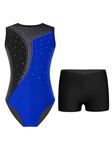 Aislor Maillot De Danza Para Niñas Con Lentejuelas Leotardo De Gimnasia Y Shorts Traje Para Entrenamiento Y Actuaciones azul real y negro 13-14 años