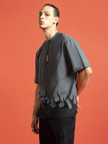 Image of Bewakoof Men's Printed Grey Round Neck Half Sleeve Loose Fit T-Shirt
