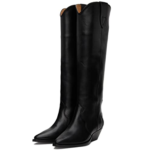 MOOMMO Women Suede Cowboy Knee High Boots Slouch Low Thick Heel Pointed Toe Long Western Boots Wide Calf Pull On Tall Riding Boots Cowgirl Pleated Chunky Heel Dress Boots Casual 4-11 M US - Main Image