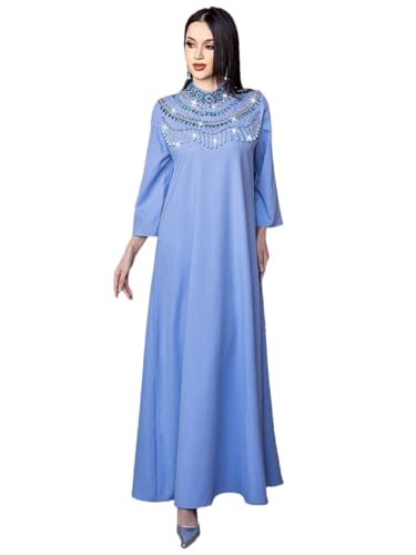 Robe de soirée caftan marocaine à manches longues avec strass pour femme, bleu clair, XXL