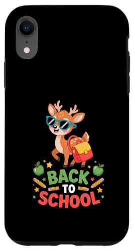 バックパックが学校の先生に戻ったかわいい漫画の鹿 スマホケース iPhone XR 用