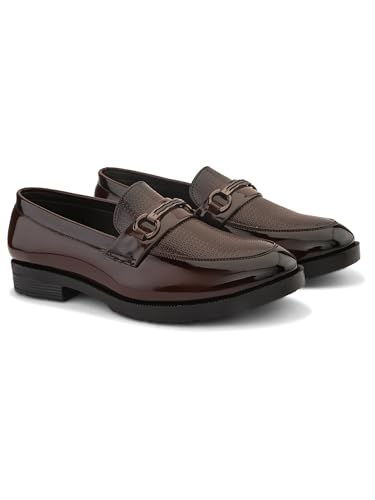 Image of STANPHORD Men Glossy Horsebit Loafer Shoes | Shiny PU Slip-On Moccasins | Cushioned Anti-Slip | Office Formal Party Business Wear(TPSL 25013)