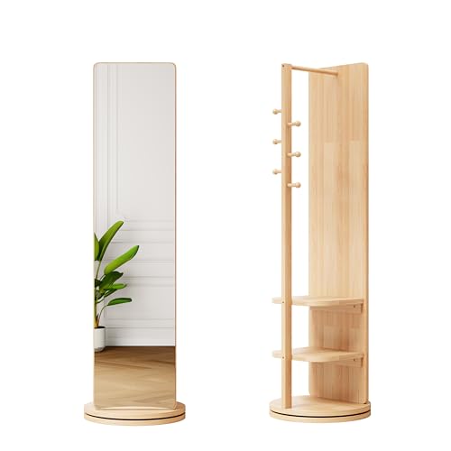 360 Rotating 66x17.8 Multifunctional Full Length Mirror with Hook Storage Rack Coat Rack with Mirror Solid Wood Floor Mirror Bedroom Living Room Cloakroom Space Saving (Natural Wood)
