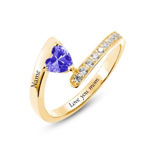 10K 14K 18K Solid Gold Mothers Ring 1-8 Birthstones Heart Shaped Personalized Mom Rings with Moissanite Engraved Name for Mom Grandma Family