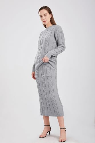 Image of utcoco Womens Sweater Sets Winter Chunky Cable Knit 2 Piece Outfits Sweater Skirt Set