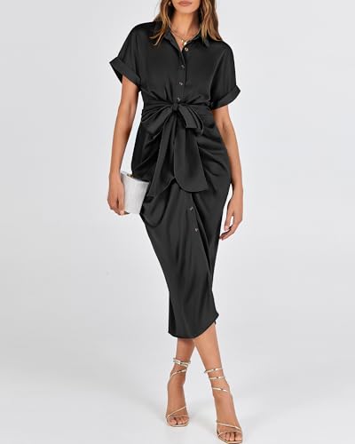 BTFBM Women Button Down Ruched Shirt Dresses Satin Short Sleeve Lapel V Neck Summer Maxi Dress 2025 Party Wedding Guest4