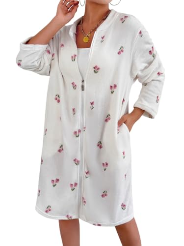 ORANDESIGNE Bata Corta Mujer Invierno Forro Polar Albornoz Ducha Ligero Bata con Cremallera Batas de Casa C Blanco XL