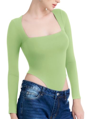 ATiPA Long Sleeve Bodysuit Buttery Soft Double Layered Fit | Sculpting bodysuits for women sexy | Flattering Stretch Long Sleeve Bodysuits for Women All Comfort (Green Tea (LIght Green) Medium)