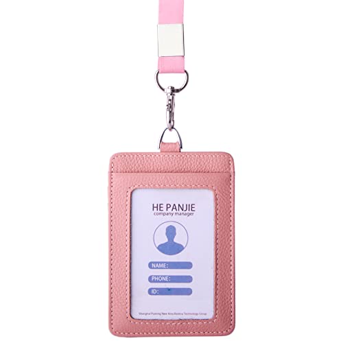 Cow Leather ID Badge Holder with Lanyard(Full Grain Leather,3"*4.5"),1 Clear ID Window and 3 Card Slots,Nylon Neck Lanyard with rotatable and Removable Metal Clasp,Vertical Name Badge Holders - Image 2