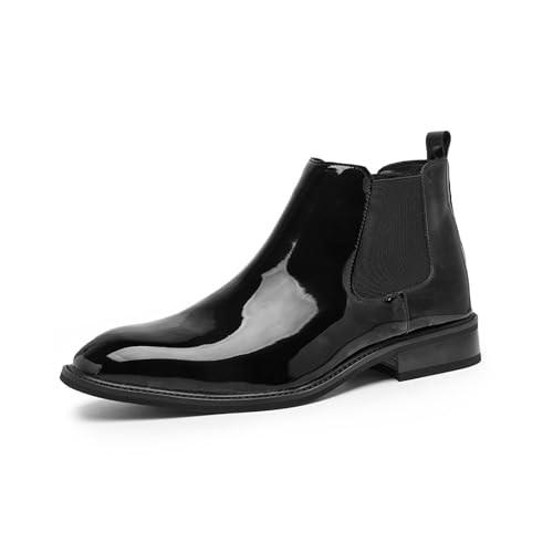 XIAOGULI Men's Patent Leather Waterproof Chelsea Dress Boots Lightweight Comfortable Low Heel Business Casual Ankle Boots (Black,10)