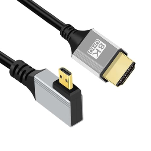 CY Câble micro HDMI 2.1 ultra fin coudé à 90 degrés vers la gauche 8K 4K Cordon ultra flexible ultra fin Type-A vers Type-D pour caméra HDTV 50 cm