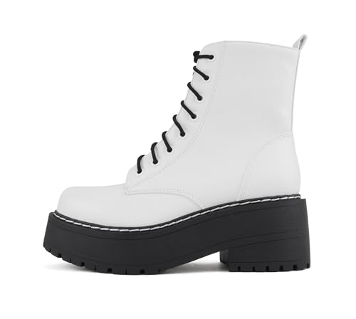 Soda FLING Women Chunky Lug Sole Lace up Fashion Combat Ankle Boot w/Side Zipper (White/Black Pu, 8)