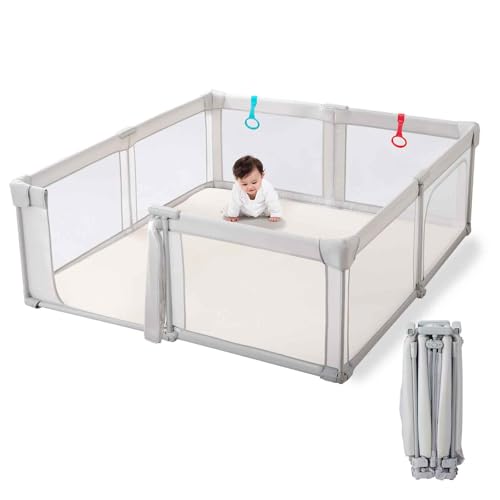 Image of Doradotey Baby Playpen Foldable, Pre-Assembled Play Pen for Babies and Toddlers, 71"x71" Large Playards for Indoors, Baby Fence Play, Light Grey with Door