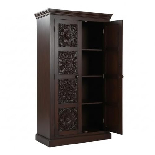 Image of APRODZ Floreale Mango Wood Wardrobe for Bedroom 2-Door Modular Wooden Almirah for Storage /Space Saving Storage Organizer Rack Clothes Cupboard for Bedroom (Brown Finish)