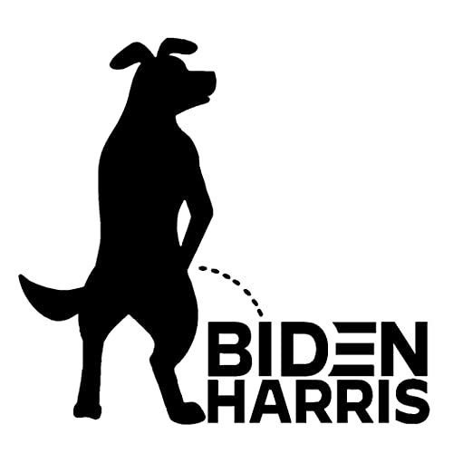 Dog Peeing On Biden Harris Decal, H 6 By L 6 Inches, Puppy Pee On Biden, F@ck Joe Biden Decal, Calvin Peeing On Biden Vinyl Sticker, One Middle Finger for Joe and One for Kamala Harris, Funny Political Stickers, JDM, Pro-American Anti-Biden (Black)