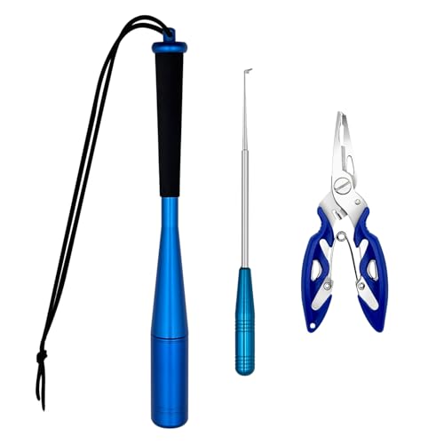 Wonwood_direct Fischtöter, Fisch Totschläger Angelzange Set, Fischbetäuber mit Rutschsicherer Griff Angelzubehör, Hakenlöser Angeln für Anfänger Angler im Freien Hecht Splitringzange Edelstahl (Blau)