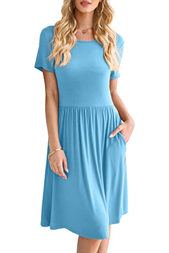 Image of DB MOON Women Summer Casual Short Sleeve Dresses Empire Waist Dress with Pockets (Light Blue, M)