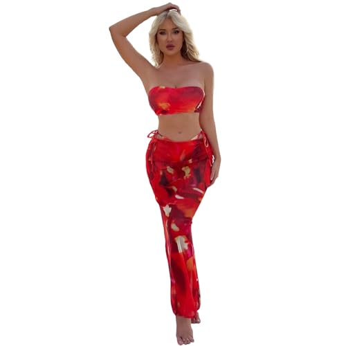 Maillot de bain bustier gainant taille haute 3 pièces avec jupe longue imprimée