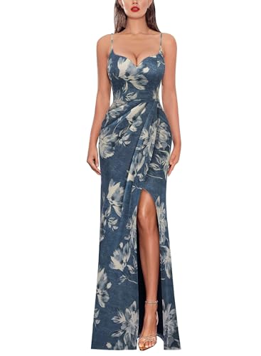 Image of VFSHOW Womens Sexy Formal Ruched Fitted High Slit Bodycon Maxi Dress Spaghetti Strap Sweetheart Cocktail Prom Evening Gown