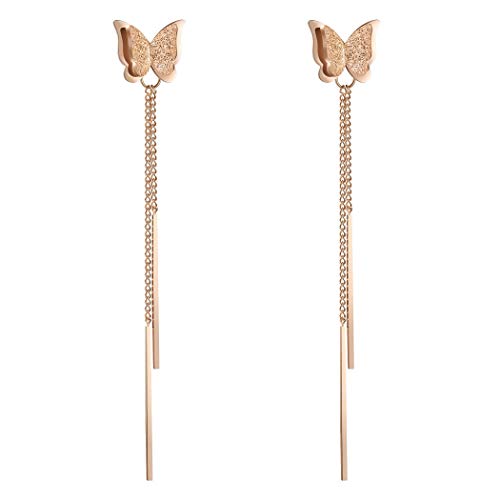 Butterfly Stud Earrings Tassel Bar Drop 14k Rose Gold Plated Chain Dangle Cute Earring Jewelry