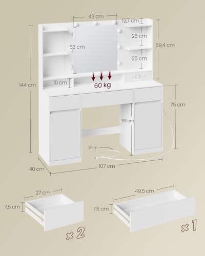 Miniatura 7 de VASAGLE Tocador con Espejo LED, Montaje sin Herramientas, 3 Cajones