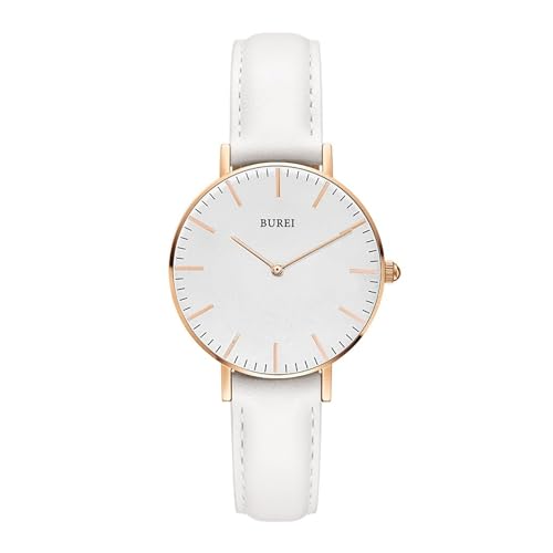 BUREI ultradünnes Armbanduhr, modisches und Schlichtes Armband, japanische Analog-Quarzkalendaruhr mit weichem Lederarmband, Damen-Geschenk (Weiß)