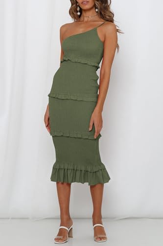 Image of PRETTYGARDEN Women's Summer Midi Bodycon Dresses One Shoulder Strappy Tiered Ruffle Floral Boho Sun Dress
