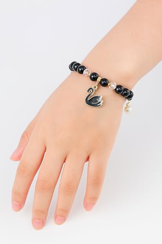 Keeper Lost Cities Merch Black & White Swan Bracelet Set, KeeperOTC Stretchable Elastic Bands with Glass Beads with black and white swan charms2