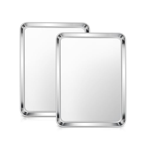 E-far Stainless Steel Baking Sheets, 12.4” x9.7” x 1” Baking Cookie Sheets Pans for Oven, Non-toxic Metal Trays for Cake Cookies, Healthy & Rust Free, Mirror Finish & Dishwasher Safe, 2 Pack by E-far - Used condition - US$16.19